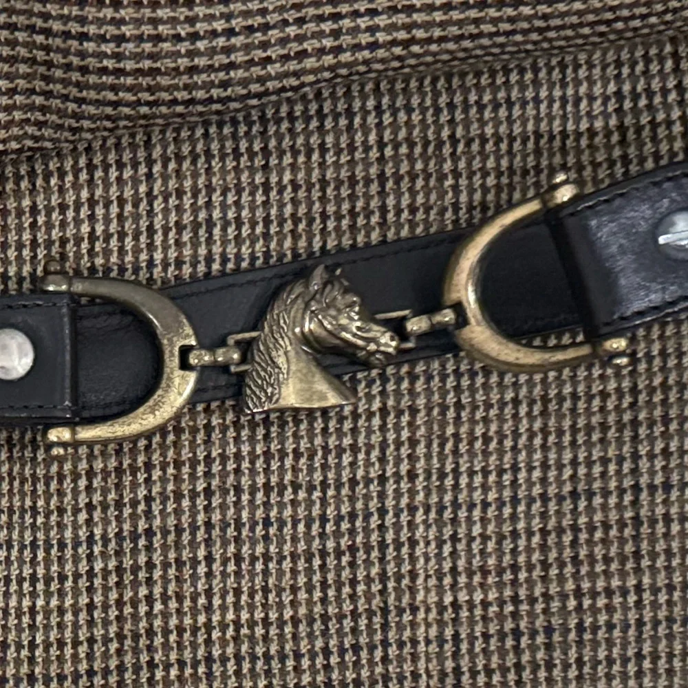 Black Leather Horsebit Accent Belt with Gold Hardware